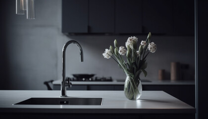 Fresh tulip in modern kitchen, elegance and simplicity combined generated by AI