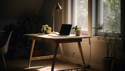 Modern office design with laptop on wooden desk near window generated by AI
