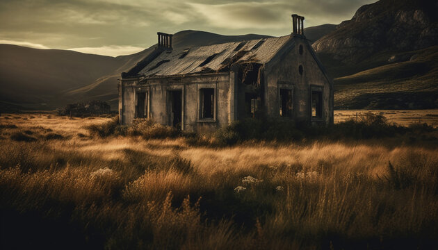 Abandoned farm, spooky and ruined, a beauty in nature absence generated by AI