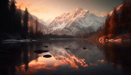 Majestic mountain range reflects tranquil sunset, creating panoramic beauty generated by AI