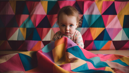 Fototapeta na wymiar Cute Caucasian toddler playing with multi colored toy on yellow blanket generated by AI