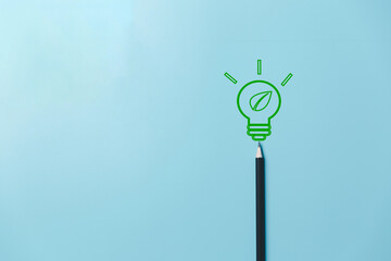 Pencil with light bulb and word idea on blue background. Creativity inspiration ideas concept. Education concept image. Creative idea and innovation. Pencil and light bulb.