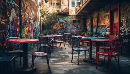 Rustic coffee shop with old chairs and multi colored walls generated by AI