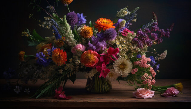 Rustic Bouquet Of Multi Colored Flowers On Wooden Table Generated By AI