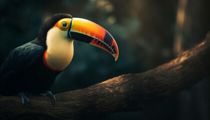 Fototapeta premium Toucan perching on branch, vibrant feathers, close up, tropical beauty generated by AI