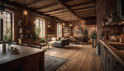 Luxury domestic room with elegant design, hardwood flooring, and illuminated window generated by AI