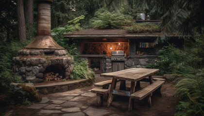 Obraz premium Rustic stone bench in tranquil forest, perfect for summer relaxation generated by AI