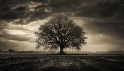 Silhouette of an old tree against a moody sky generated by AI