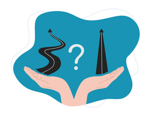 Choice concept with two options hard way or easy way. Hands and question mark. Business concept of Direction choose, solution or decision. Flat vector illustration isolated
