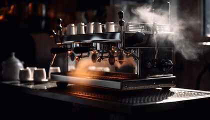 Fototapeta na wymiar Freshly brewed coffee in a metal mug at a coffee shop generated by AI