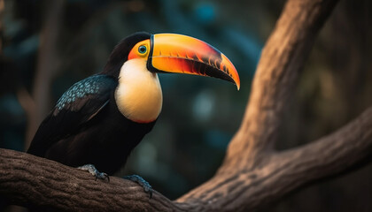 Obraz premium Toucan perching on branch in vibrant multi colored tropical rainforest generated by AI