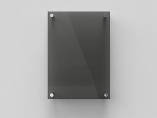 Blank vertical A4 black glass office corporate Signage plate Mock Up Template, Board For Branding, Logo. Black Transparent acrylic advertising signboard mockup. 3D rendering
