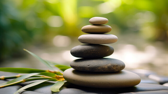 Zen Stones and Bamboo : Balanced stacks of zen stones placed near bamboo, representing harmony, mindfulness, and natural elements
