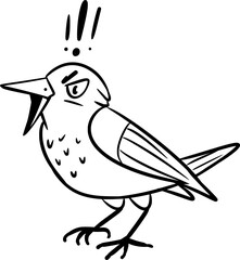 Vector drawing of angry raven, crow. Hand drawn, black and white, sketch, contour, silhouette, cartoon style, flat, doodle. Bird, cute, animal, nature, wild, emoticon, emotion, anger, wing, beak.