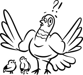 Vector drawing of surprised pigeon, dove and two tiny sparrow. Black and white, contour, silhouette, sketch, hand drawn, flat, doodle. Character, bird, wings, nature,emoticon,animal, wild,cute, silly.