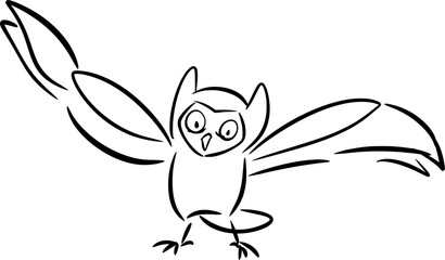 Vector drawing, art of owl. Black and white, silhouette, sketch, contour, hand drawn, cartoon style, doodle. Animal, bird, cute, silly, wings, feathers, wild, night, nature, character, funny.