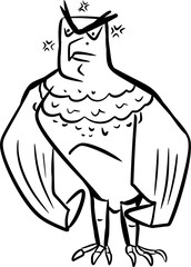 Vector drawing of big angry strong eagle. Hand drawn, black and white, contour, silhouette, flat, doodle, cartoon style,sketch.Cute, character, emotion, animal, bird, wild,nature,silly,wings.