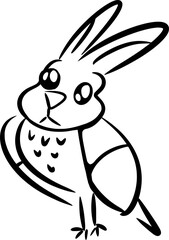 Fototapeta na wymiar Vector drawing of bird-bunny, hare, rabbit. Hand drawn, cartoon style, black and white, doodle, contour, silhouette, flat. Cute,silly,character,animal, wild, weird, chimera, head, ears, eyes,adorable.