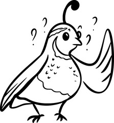Vector drawing of surprised quail. Black and white, hand drawn, flat, doodle, cartoon style, contour, sketch, silhouette. Animal, bird, nature, wild, wings, feathers, cute, silly, emotion, funny.