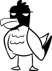 A vector drawing of a seagull bird. Sketch, contour, silhouette, black and white, art, doodle, flat, cartoon style. Emotion, contempt, emoticon, arrogance. Nature, sea, character, wild, silly, cute.