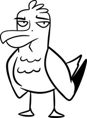 A vector drawing of a seagull bird. Sketch, contour, silhouette, black and white, art, doodle, flat, cartoon style. Emotion, contempt, emoticon, arrogance. Nature, sea, character, wild, silly, cute.