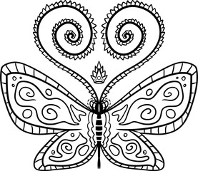 Vector drawing of a queen butterfly. Contour, sketch, black and white, silhouette, pattern, tattoo. Animal, insect, bug, nature, crown, cute, decorative, wild, beautiful, wings, antenna.