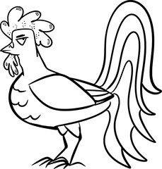 Vector drawing of arrogant rooster, cock. Animal, bird, nature, pet, farm, tail, feathers, beak, head,comb. Black and white,hand drawn,cartoon style, flat,doodle,contour,silhouette, sketch,cute,silly.