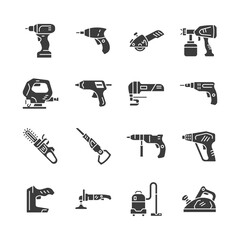Power tools glyph icon set. Vector collection electric instrument with drill, jigsaw, stapler, planer, screwdriver, saw.