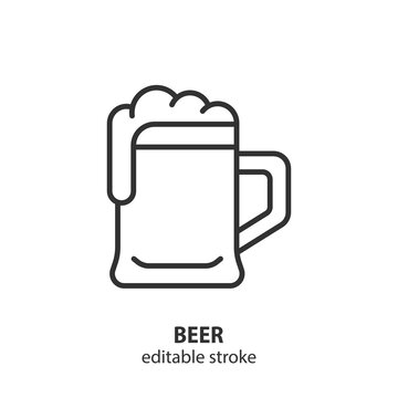 Mug of beer with foam line icon. Alcoholic drink vector symbol. Editable stroke.
