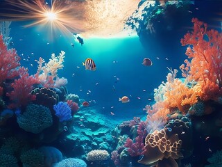 Coral Reef and Diver, Marine Life Exploration, Dive into the Coral Reef, Vibrant Undersea World