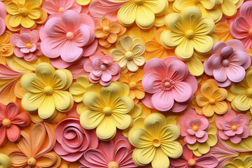 Fototapeta na wymiar 3D yellow and pink flowers layered forms, paper quilting pattern, vibrant colors. AI generative