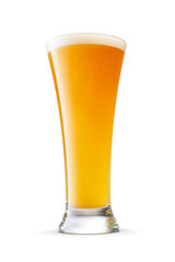 Pilsner glass of fresh yellow wheat unfiltered beer with cap of foam isolated. Transparent PNG image.