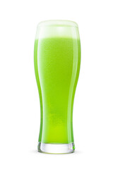 Weizen glass of fresh green beer with cap of foam isolated. Fruit beer cocktail. Transparent PNG image.