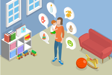 3D Isometric Flat Vector Conceptual Illustration of Babysitter, Childcare Service Worker