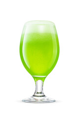 Snifter glass of fresh green beer with cap of foam isolated. Fruit beer cocktail. Transparent PNG image.