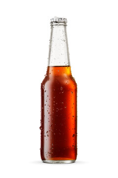 Closed wet glass bottle with soft drink cola or soda isolated. Transparent PNG image.