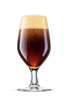 Tulip glass of fresh dark stout beer with cap of foam isolated. Transparent PNG image.