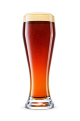 Weizen glass of fresh dark brown beer with cap of foam isolated. Transparent PNG image.