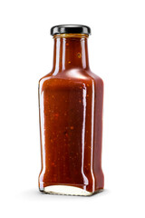Glass bottle of tomato barbecue sauce isolated. Popular condiment. Transparent PNG image.