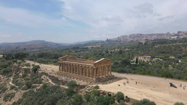 flying towards Temple of Concordia in Valley of the Temples in Agrigento