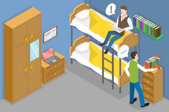 3D Isometric Flat Vector Conceptual Illustration of College Dormitory, Student Hostel