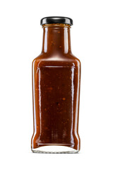 Glass bottle of tomato barbecue sauce isolated with clipping path. Popular condiment. Transparent PNG image.