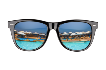 Black sunglasses with pool resort reflection isolated. Transparent PNG image.