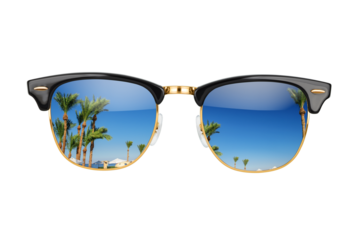 Old fashion browline sunglasses with palms and blue sky reflection isolated. Transparent PNG image.