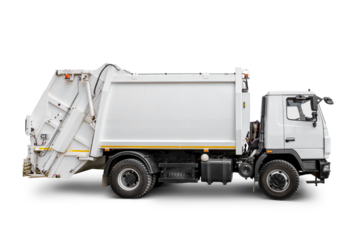 White modern truck for garbage disposal isolated with clipping path. Transparent PNG image.
