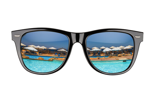 Black sunglasses with pool resort reflection isolated. Transparent PNG image.