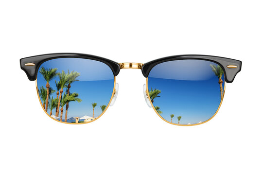 Old fashion browline sunglasses with palms and blue sky reflection isolated. Transparent PNG image.