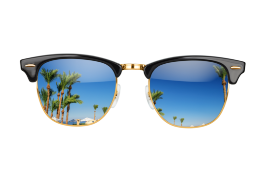 Old fashion browline sunglasses with palms and blue sky reflection isolated. Transparent PNG image.