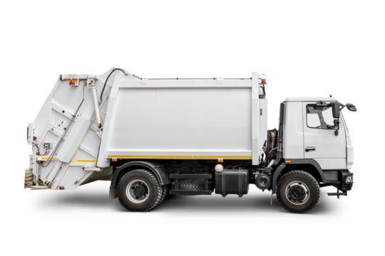 White modern truck for garbage disposal isolated with clipping path. Transparent PNG image.