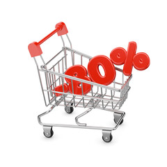 Tiny red colored shopping cart and eighty percent discount text isolated. 3D rendering. Transparent PNG image.